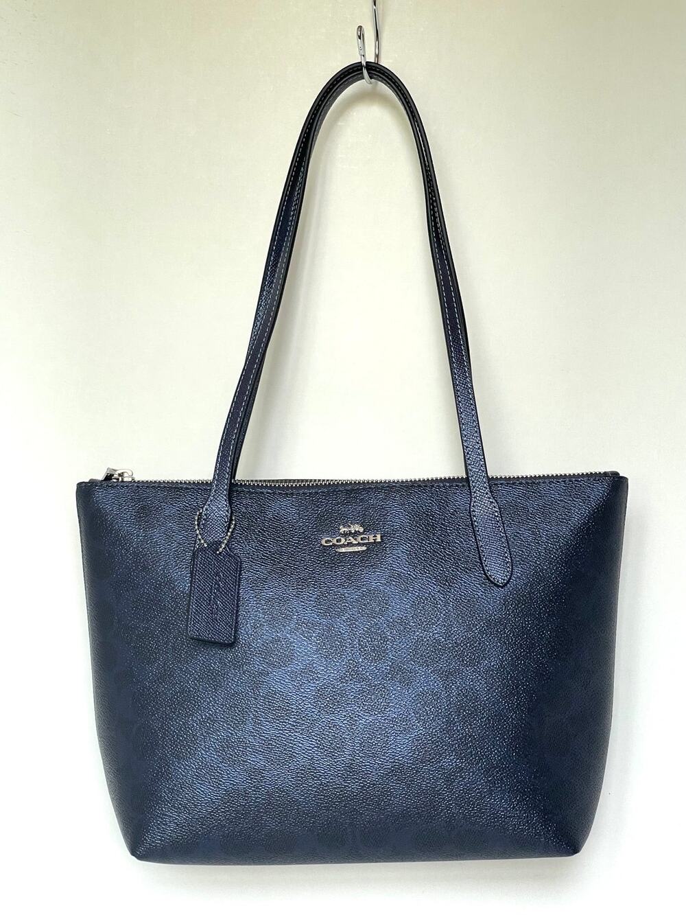 Coach Fiona Zip Tote CW396 Blue Pearlized Leather Canvas Medium